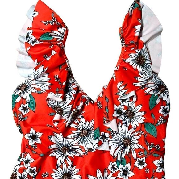 Jessica Simpson swimsuit one piece ruffle salsa red floral Small - Picture 5 of 11
